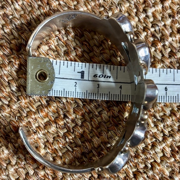 Unique Sterling Silver Cuff Bracelet w/ gold leaf appliqué iridescent gemstones - Picture 10 of 13